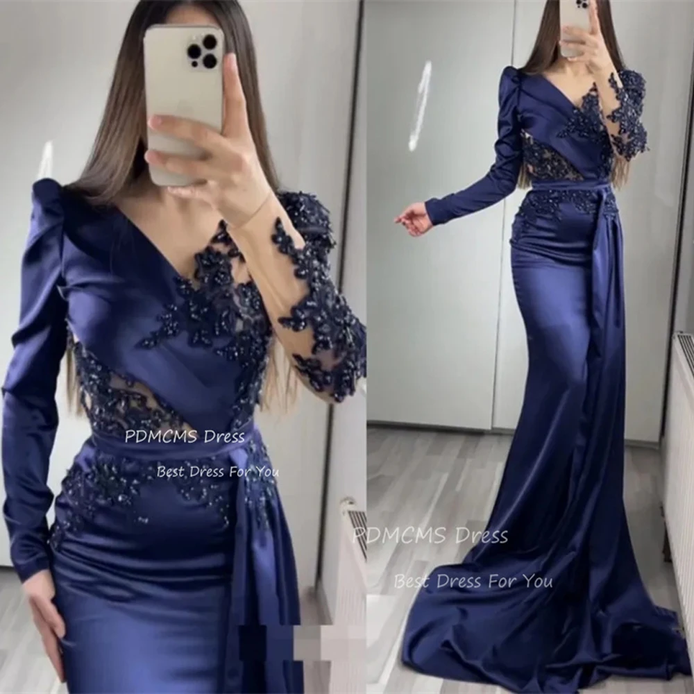 Elegant Navy Blue Mermaid Prom Dresses Long Sleeves Formal Party Dress Appliques Lace Satin Dubai Arabic Mermaid Evening Gowns