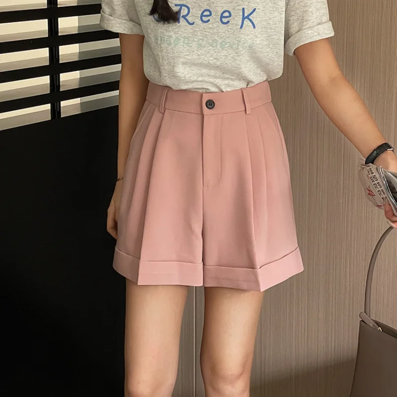 2023 Summer Free Belt Suit Shorts Wide Leg Loose Bermuda Shorts for Women High Waist Pink Black Cotton Shorts OL Workplace Wear