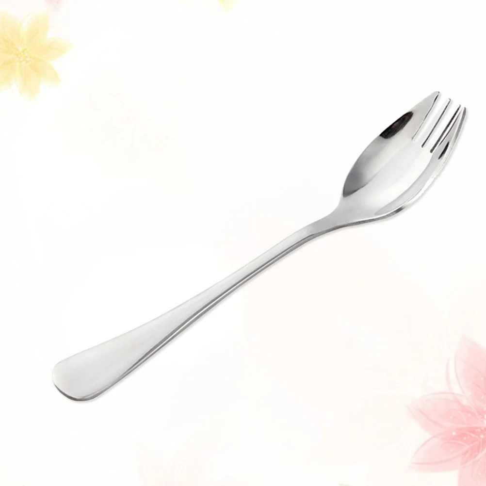 Dual-purpose Spoon Salad Sporks Long Handle Stainless Steel Silver Instant Noodle