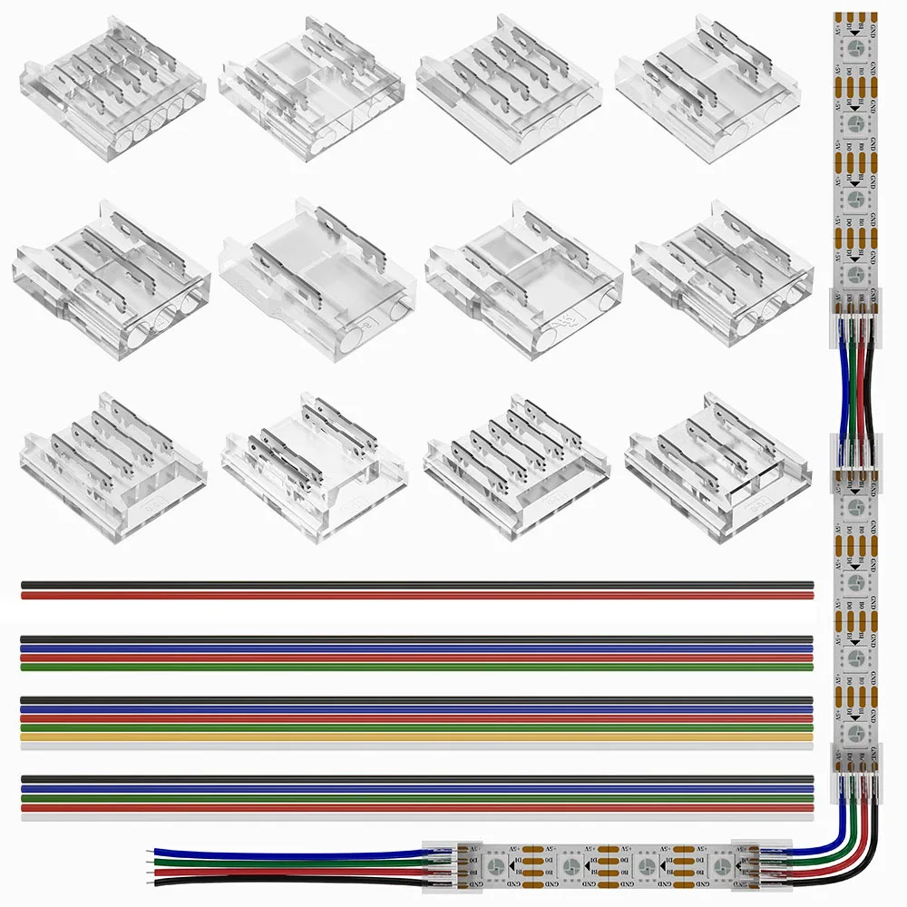 Transparent Solderless Cover LED Connector 15cm Wire for FCOB DIM CCT RGB WS2812B WS2811 WS2815 5050 RGBW RGBCCT SMD Strip Light