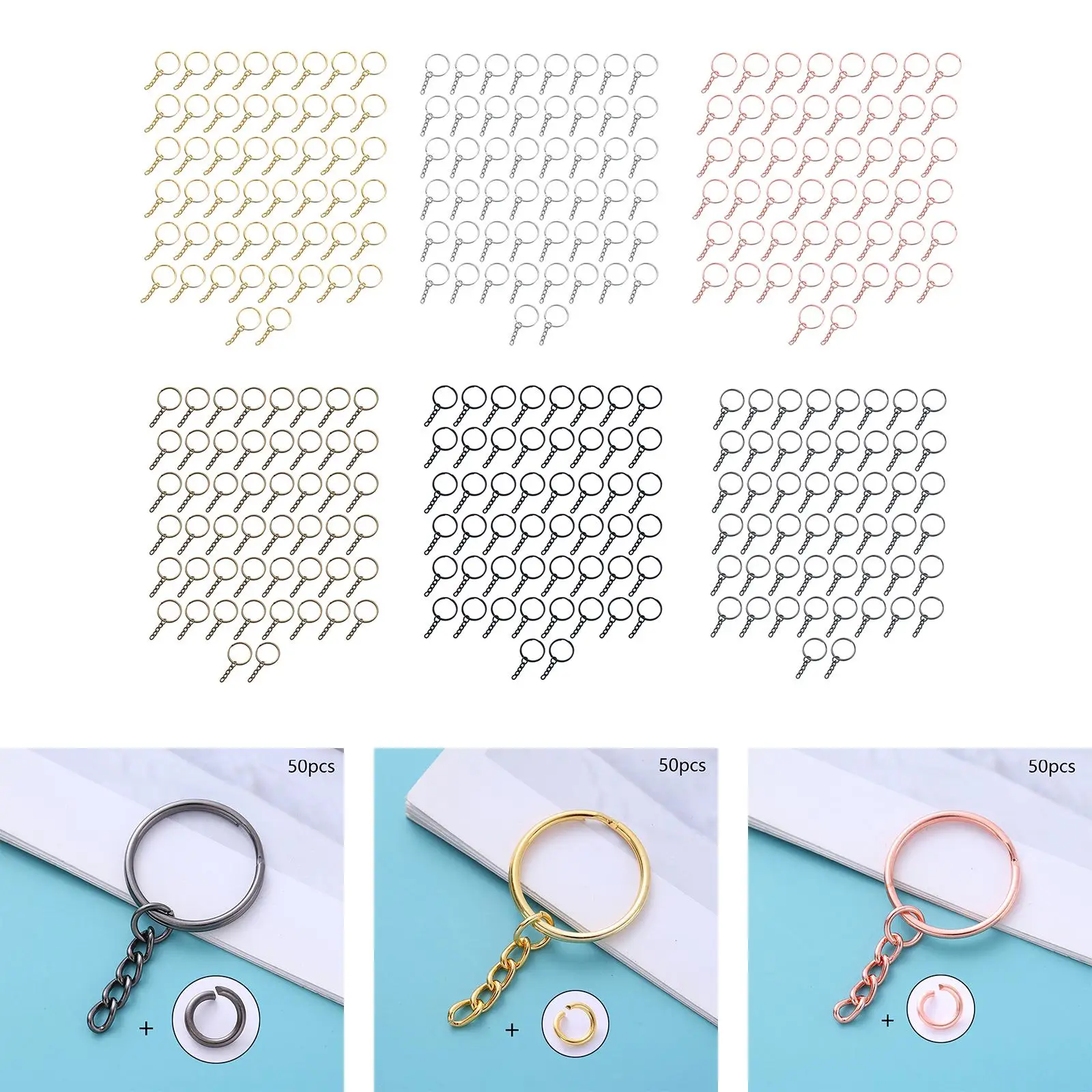 Metal Split Key Rings with Chain and Open Jump Rings 1 Inch Bulk for DIY Keychain Making Lanyard Craft Hardware Accessories