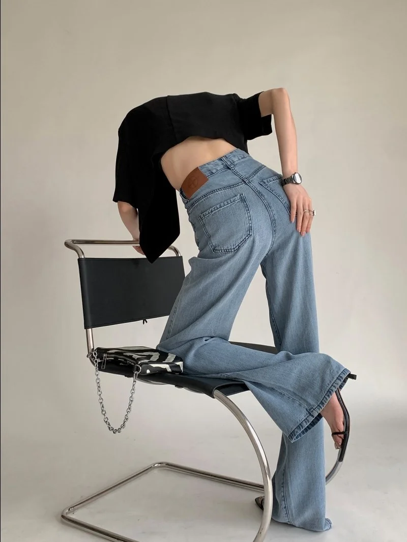 2022 Summer New Tiansi Denim Wide Leg Pants Women's Summer High Waist Draping Ice Silk Thin Floor Towering Straight Leg Pants