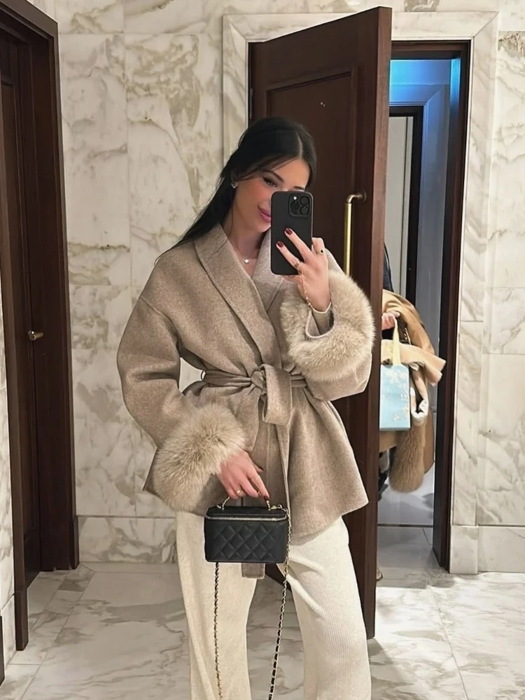 Fur Patchwork Woolen Short Coat Fashion Solid Lace Up Lapel Furry Belt Long Sleeve Loose Jacket  2025 New Autumn Winter Cardigan