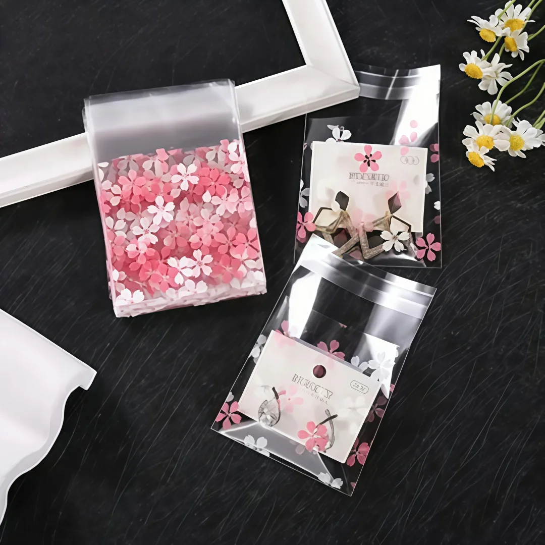 Kirschblüten OPP Selbstklebende Beutel, Niedliche Transparente Selbstversiegelnde Taschen für Karten, Geschenke, Kekse, Seife & Backwaren-Verpackung