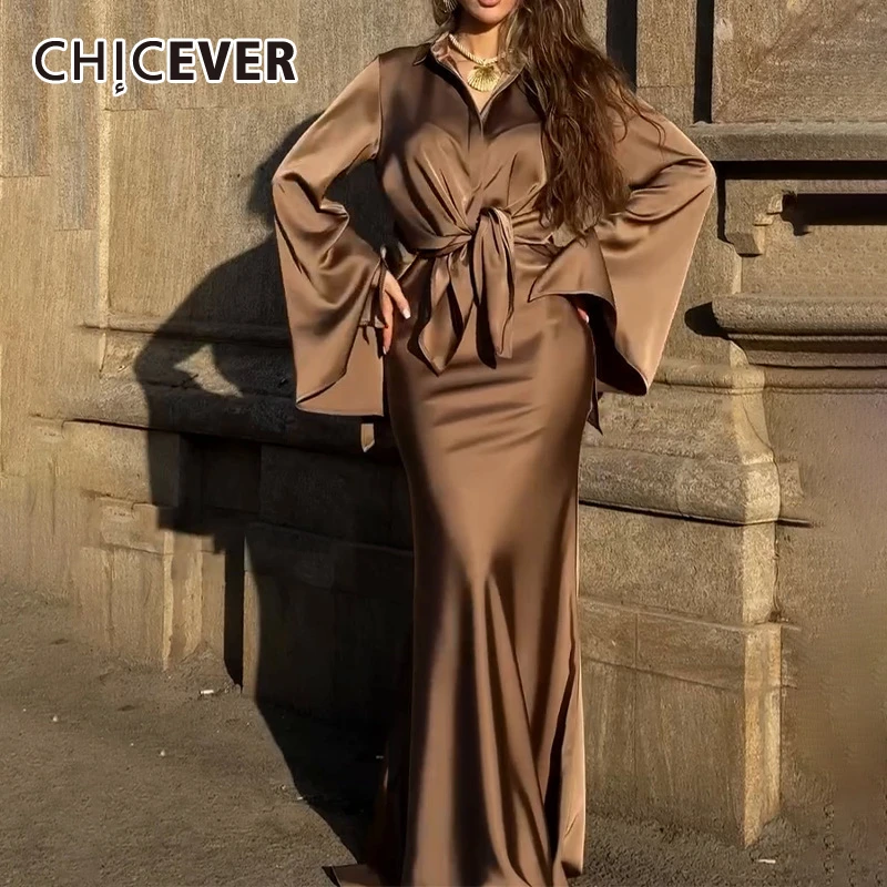 CHICEVER Chic Satin Two Piece for Women Lapel Spliced Bandage Flare Sleeve Shirt High Waist Bodycon Maxi Skirt Sexy Suit Female