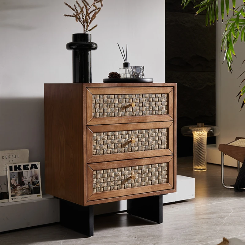 Solid Wood Three Four Five Chest of Drawers Simple Modern Locker Bedroom Multi-Functional Bedside Table Rattan Storage Cabinet