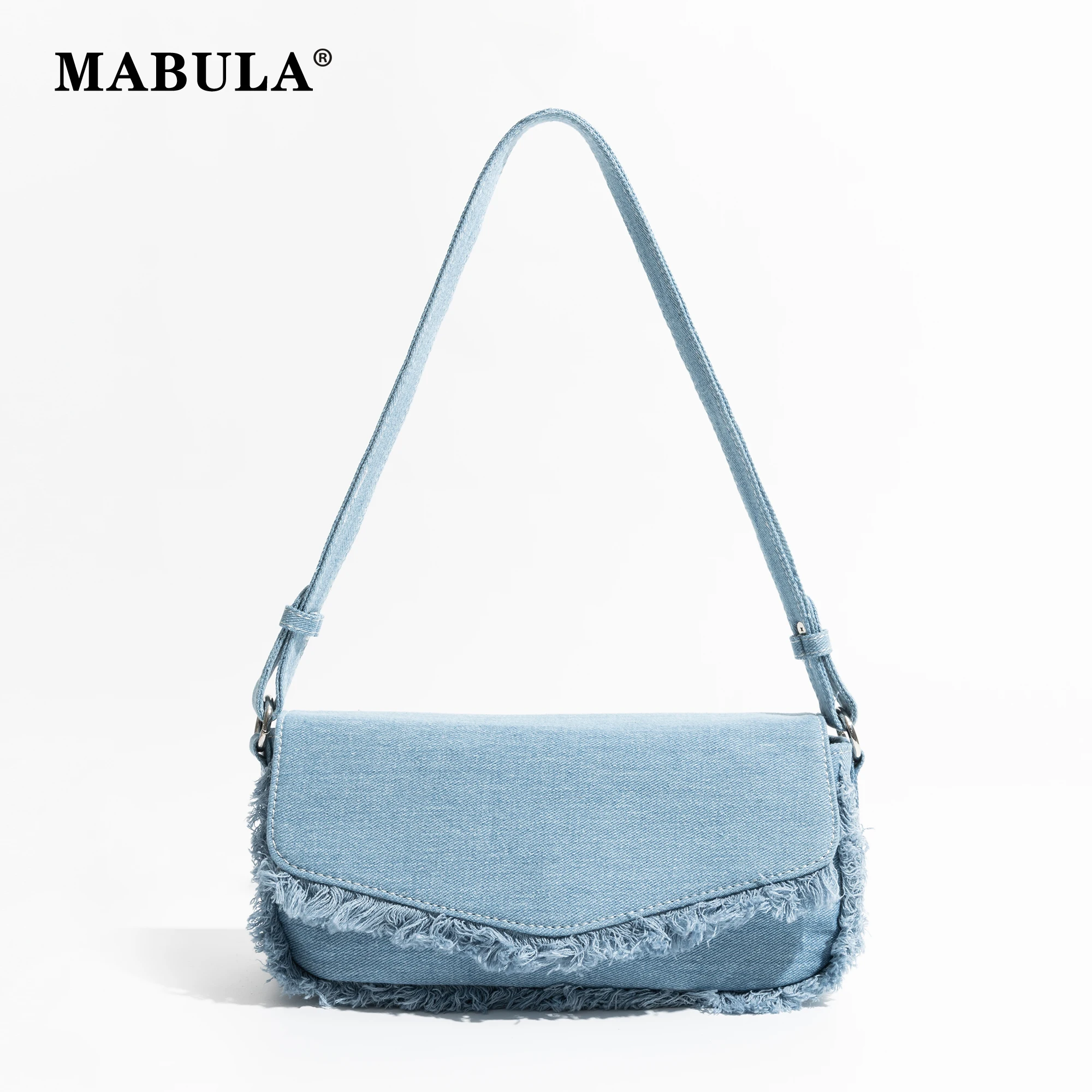 MABULA Canvas Fashion Woman Tote Handbag Denim Flap Cover Simple Stylish Shoulder Purse For Female Small Pleated Shopping Bag