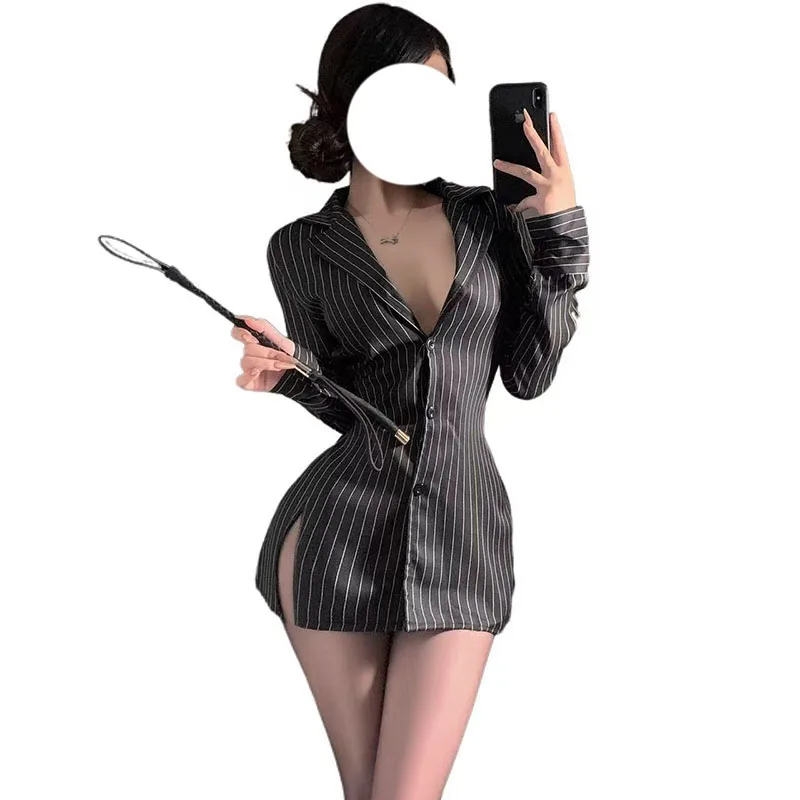 

Black Striped Turn-Down Collar Shirts Women Autumn Sexy Ladies Slim Fit Tops Long Sleeve Retro Fashion Korean Style Popular