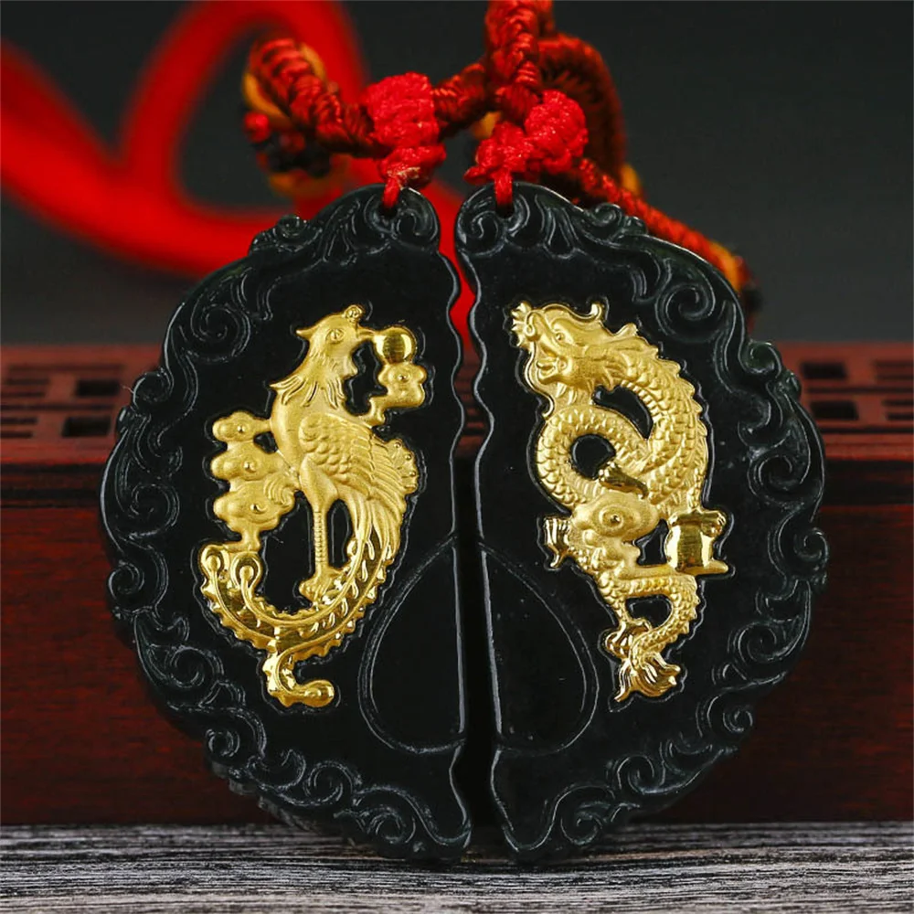 Vintage Natural Black Hetian Jade Solid Gold Inlaid Chinese Dragon Phoenix Pairs Pendant Amulet Necklace Certified Gift Jewelry