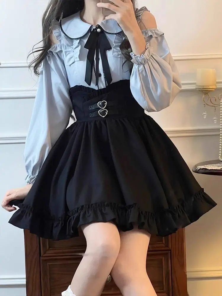 

Милая девушка с открытыми плечами и отложным воротником с бантом, пышным длинными рукавами, свободный топ, многоуровневая юбка с высокой талией, складная мини-юбка, комплект из 2 предметов