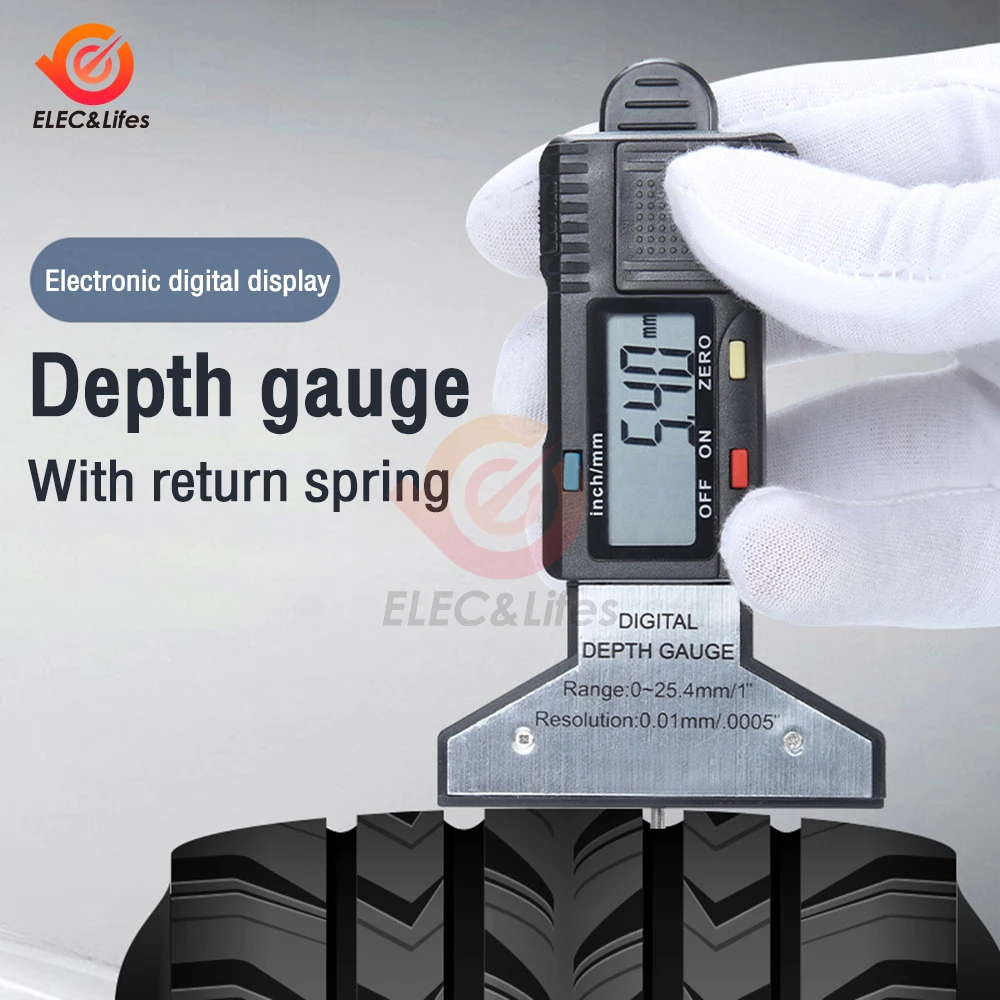 Black Digital Tread Depth Gauge 0-25MM Measuring Ruler Pressure Car Safety Measurer Tool Tire Monitor Electronic With battery