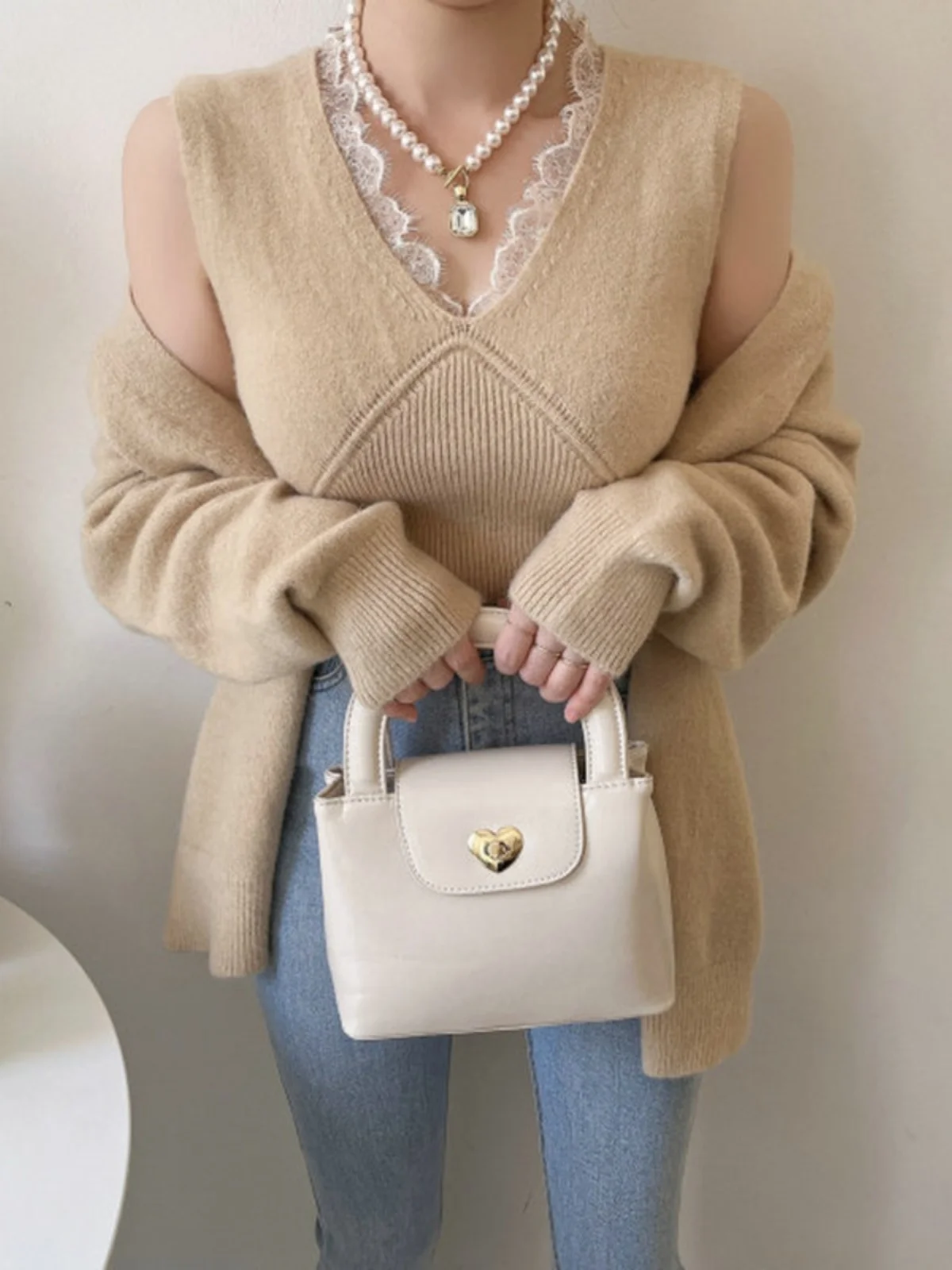 

Solowen Lace Trim V-ne Slim Fit Long Sve Knitted Open Cardigan Two-piece Set Faionable Commute Sle Pure Color Winter...