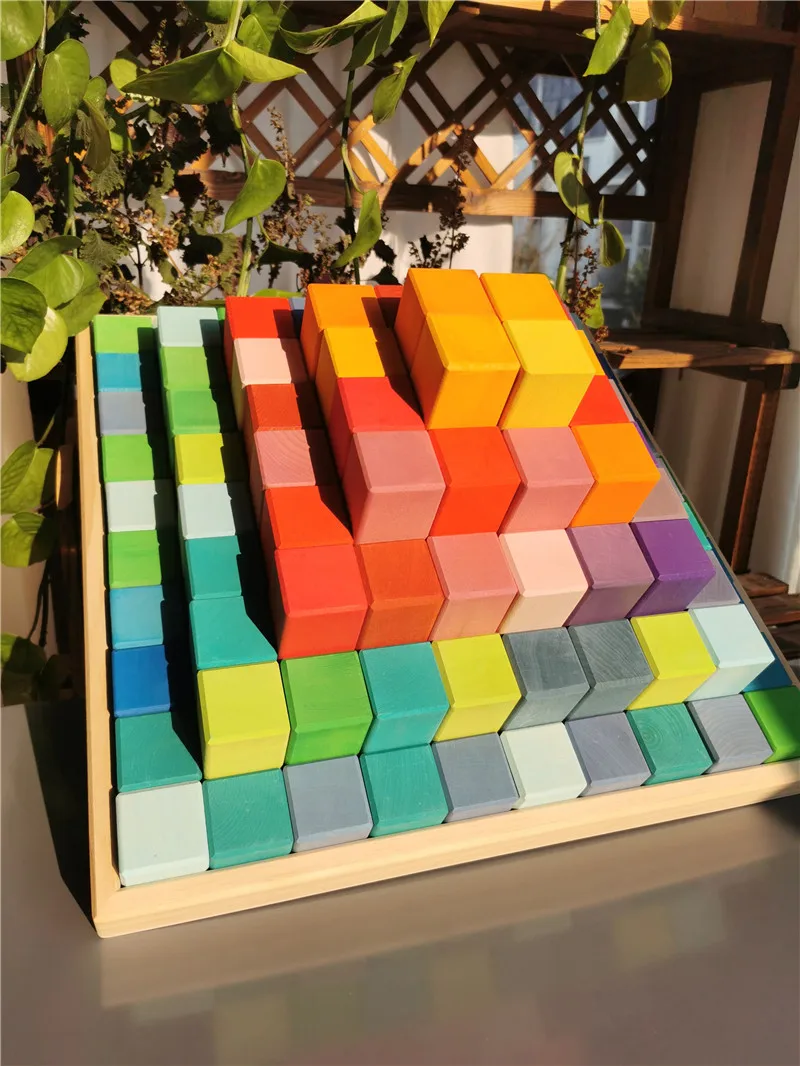 100pcs Large Wooden Building Toys Basswood Rainbow Pyramid Stacking Blocks for Kids Creative Play