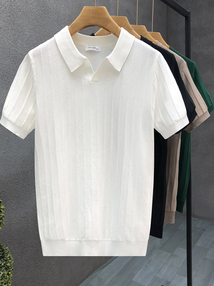 

Quali Ice Silk Thin ort Sve Knitted Summer T-irt for Men Casual Straight Fit Youthful Sle f Sve Turn-down Co...