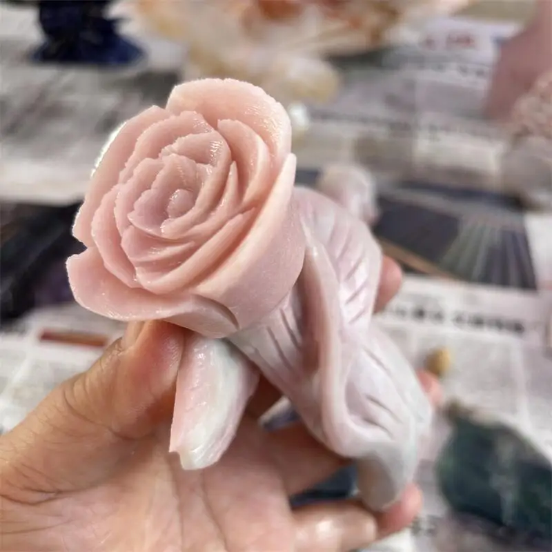 

Natural Pink Opal Rose Flower Carving Healing Reiki Stone Pink Crystal Home Decoration Ornaments Gifts 1pcs