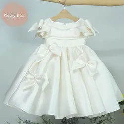 Baby Girl Princess Bow Silk Dress Infant Toddler Child Elegant Pearl Ruffled Vestido Party Pageant Birthday Baby Clothes 1-14Y
