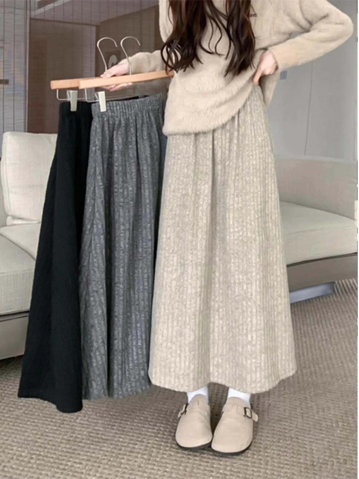 

Thiened Camere Knitted High Waist A-Line Skirt Women's Autumn Winter New Sle Small Size Ele Slimming Midi Skirt
