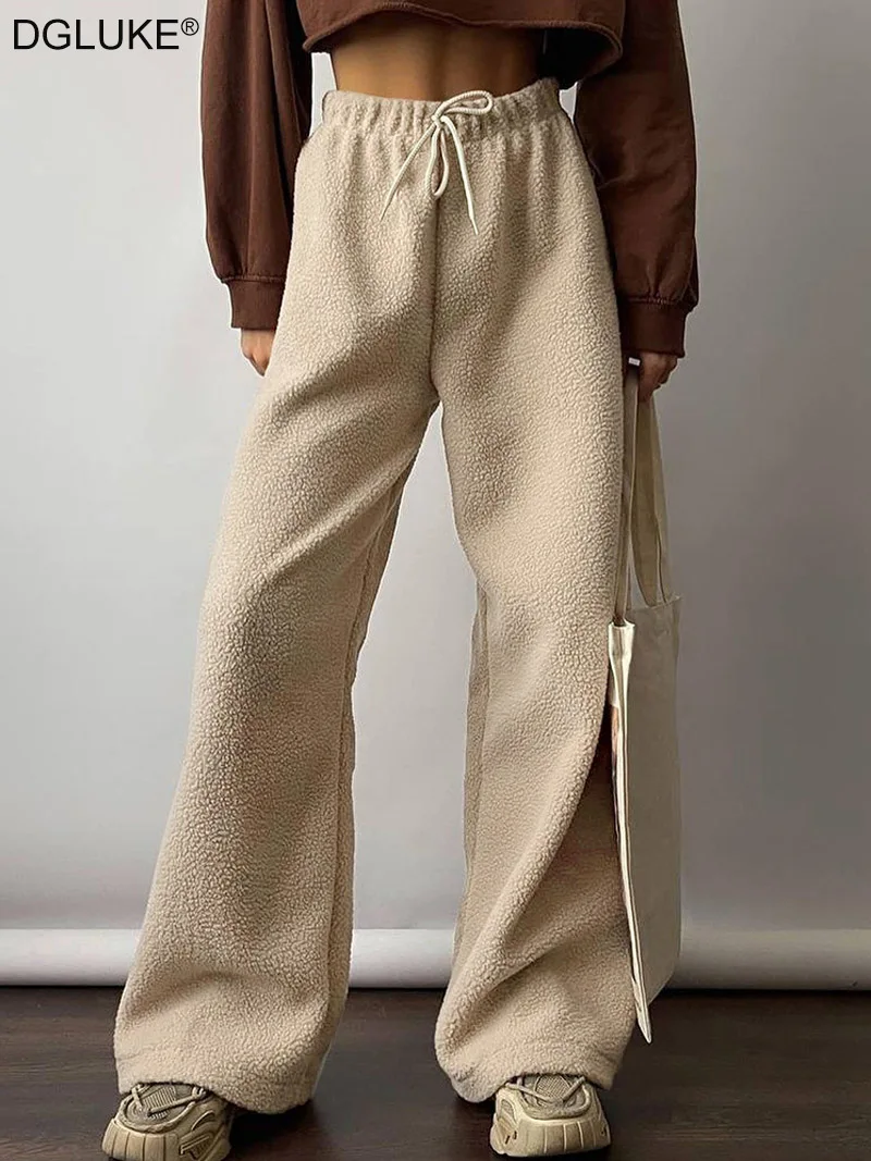 DGLUKE 2024 Winter Lamb Wool Pants Woman Drawstring Waist Jogger Pants Women Straight Leg Warm Fleece Trousers Y2K