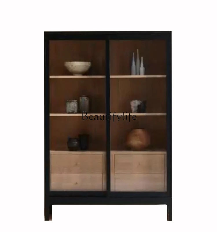 Nordic Solid Wood Ancient Living Room Meal Side Complex Storage Locker Double Door Display Cabinet Made of Glass