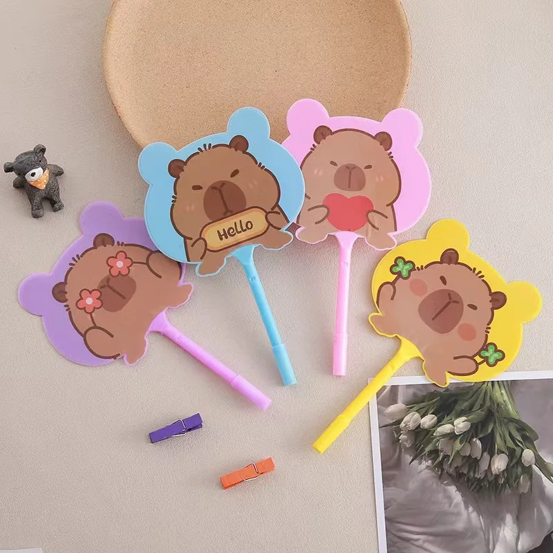 4Pcs/Set Kawaii 2 In 1 Capybara Cartoon Fan Plastic Ballpoint Pen Cute Pens for Children School Stationery Supplies Gift