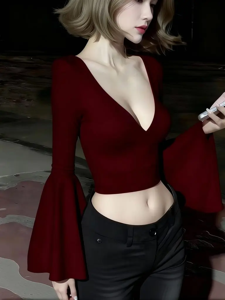 Sexy Deep V Neck Long Flared Sleeve T Shirt Women Luxury Designer Solid Color Party Crop Top Hot Sweet Basic Tees Skinny Slim
