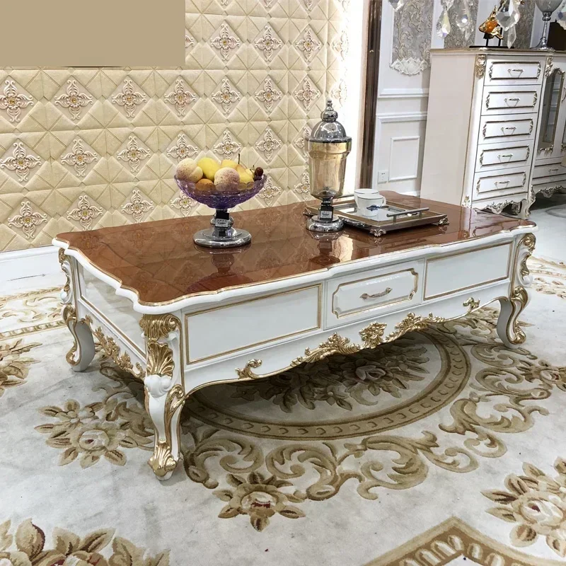 European style solid wood large tea table luxury living room with drawer tea table exquisite carved household tea table