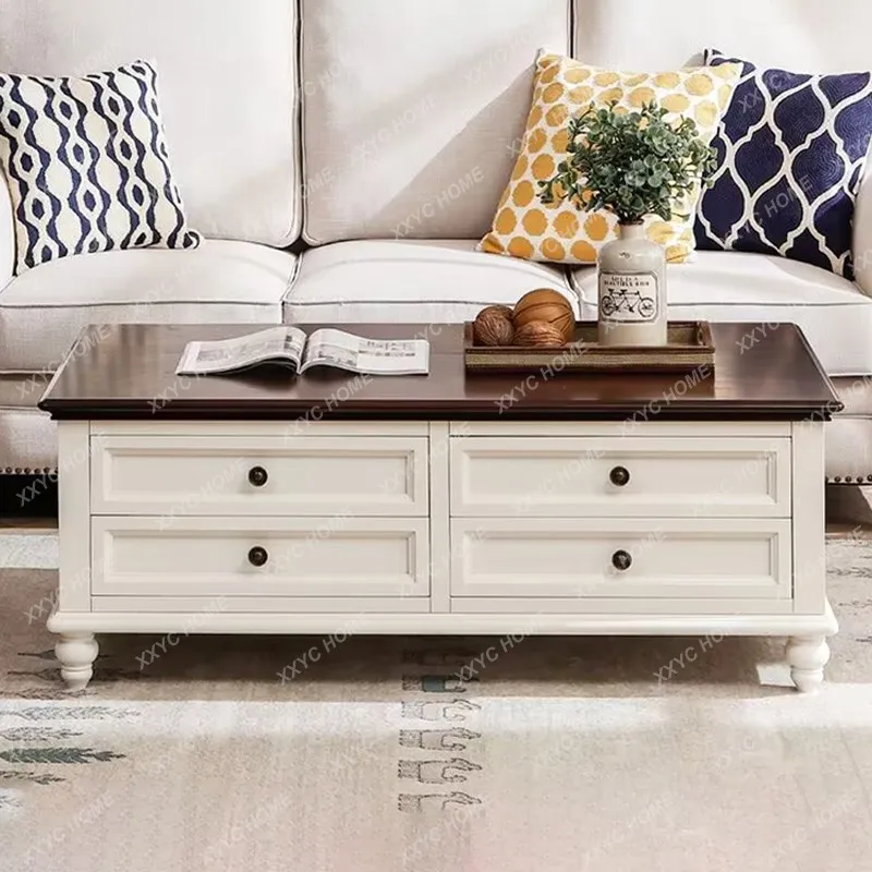 Solid wood rectangular ivory white coffee table small apartment coffee table