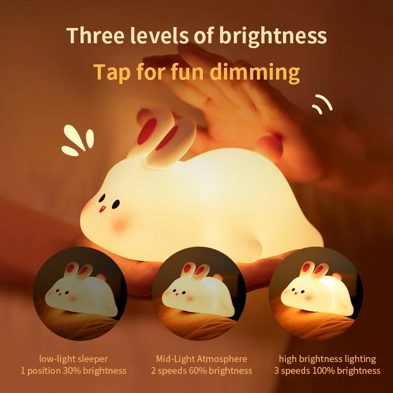 Cute Rabbit Silicone Night Lights USB Rechargeable Timing Touch Sensor Lamp Bedside Sleeping Night Lamp For Room Decor Kids Gift