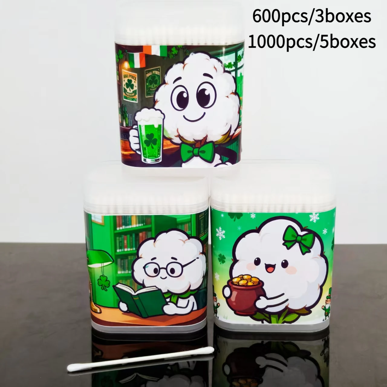 600개/1000개 세인트 패트릭 데이 디자인 면봉 스크럽 박스 면봉 스틱