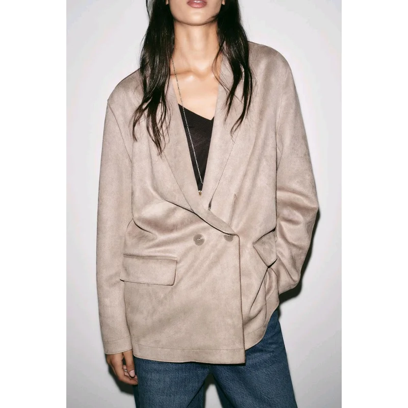 

Autumn New Women's Long Sve Notch Lapel Double Breasted Faux Suede Effect Suit Jaet with Flap ket Casual Polyester Fiber