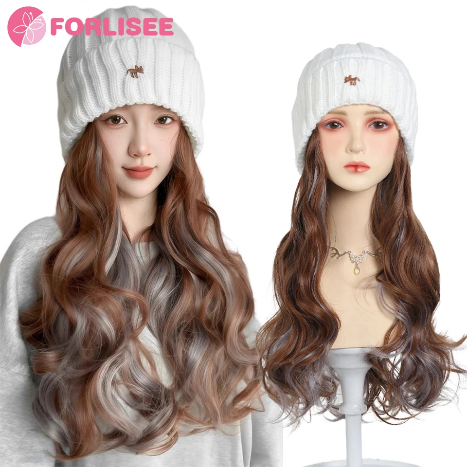 White Hat Wig Beanies Hat With Hair Wigs For Women Synthetic Long Wavy Hair Warm Ski Plush Knitted Autumn Winter Cap Wig