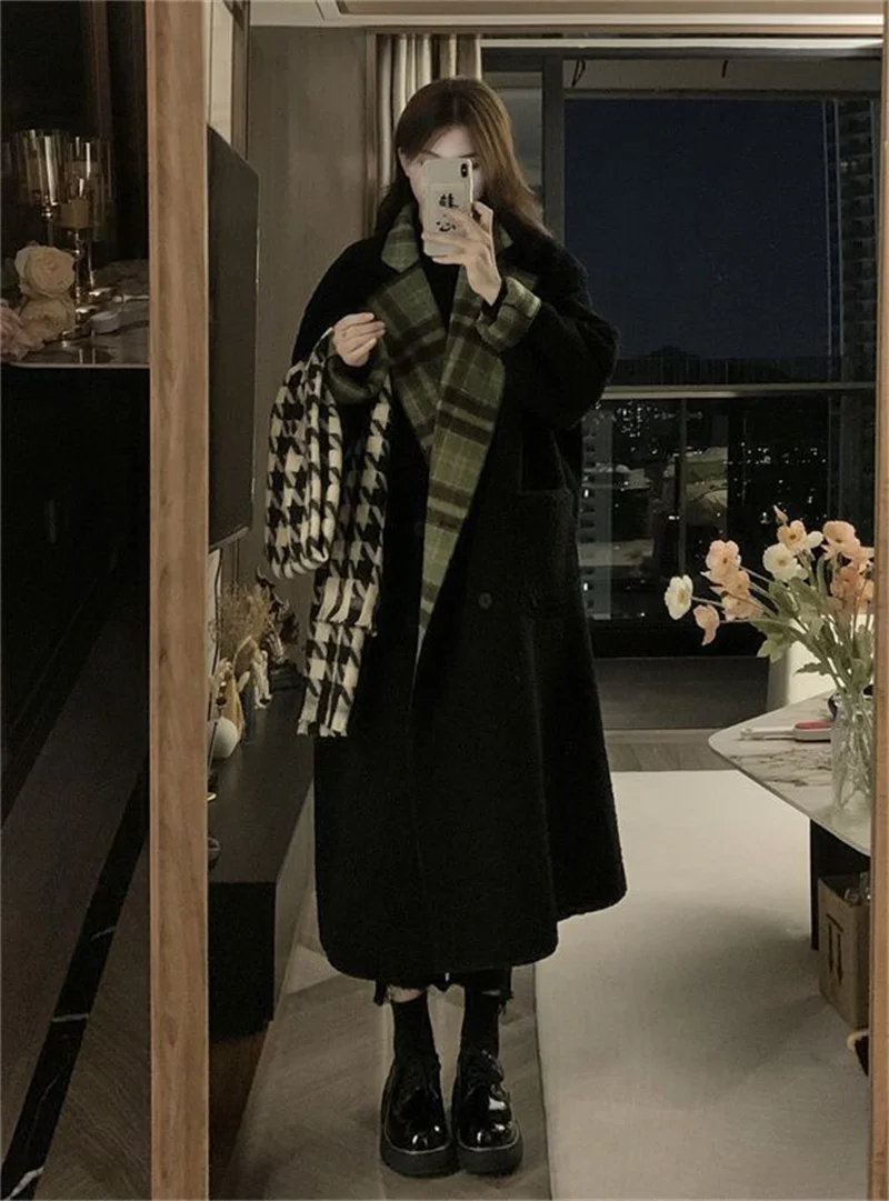 Wearing a Plaid Woolen Coat On Both Sides Women's Autumn And Winter 2023 Loose Fitting Medium Length Thickened Premium Overcoat