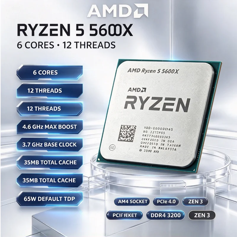 AMD Ryzen 5 5600X 3.7GHz 6 Núcleos 12 Hilos R5 5600X AM4 Procesador 7NM 32M L3 Cache 65W DDR4 Sin Ventilador