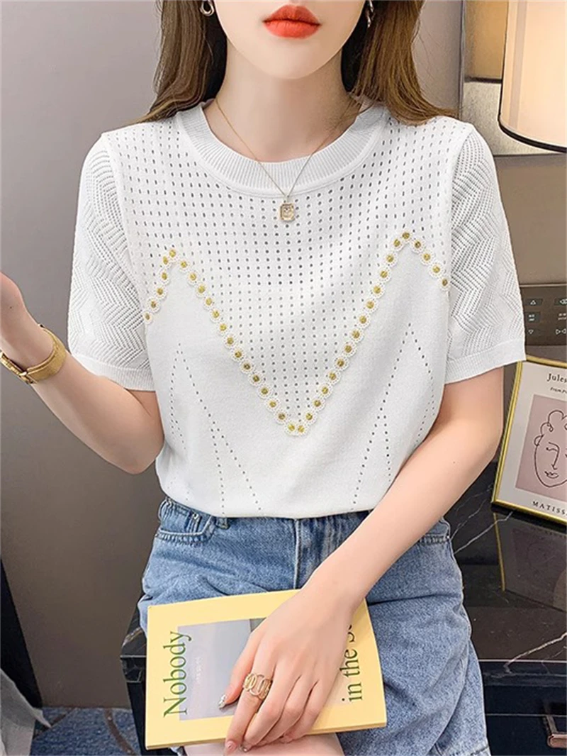 Summer New Color Contrast Short sleeved T-shirt Women\'s Round Neck Hollow Knitted Shirt Women\'s Top 69003