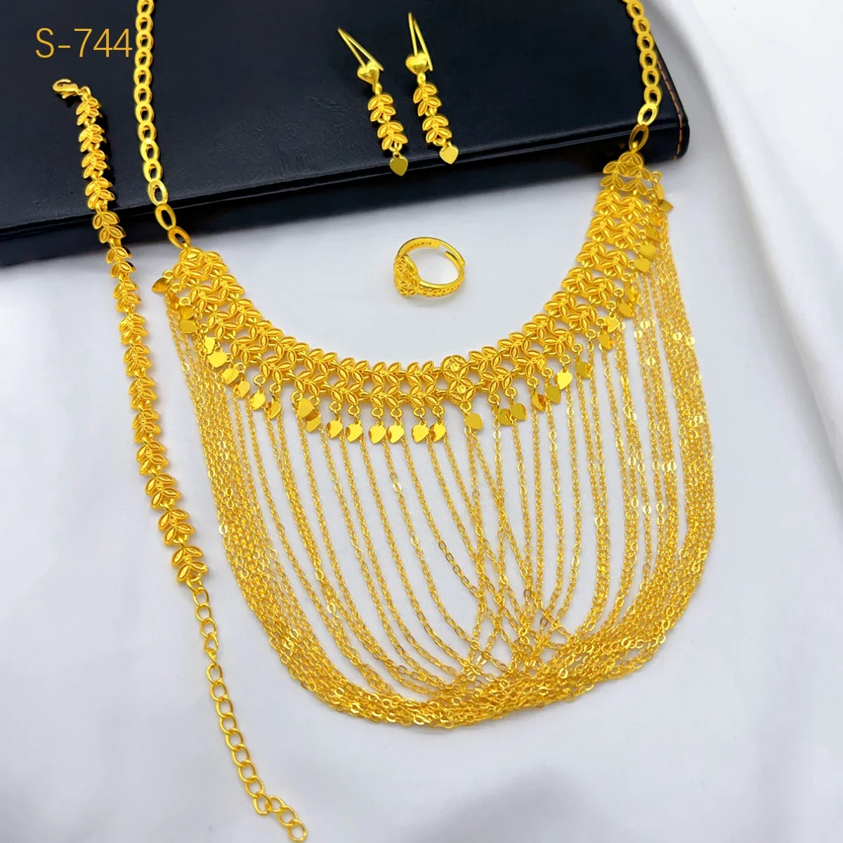 Luxury Ethiopian Tassel Dubai 24k Gold Color Jewelry Sets For Women Wedding Indian Bridal Necklace And Earring  Set Party Gifts