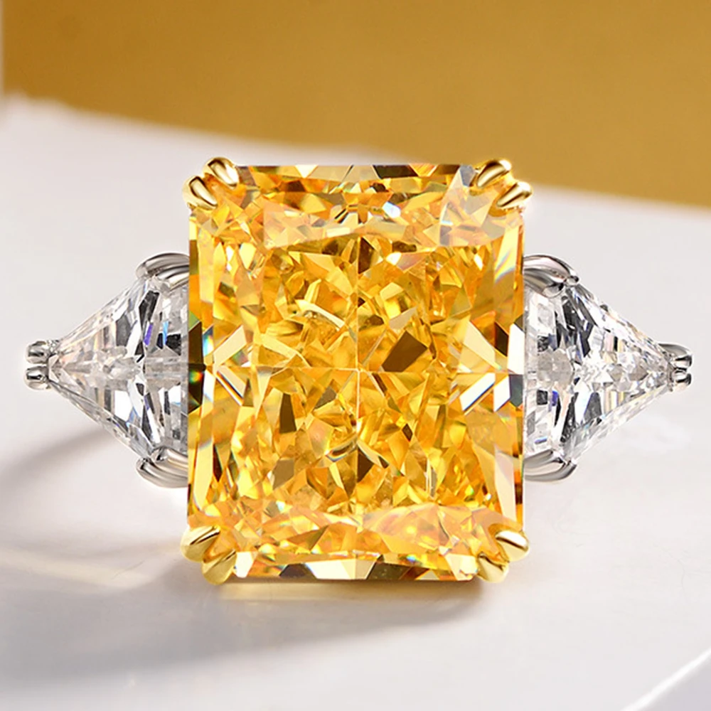 Vinregem 925 Sterling Silver Crushed Ice 15CT Fancy Vivid Yellow Sapphire Simulated Moissanite Ring Vintage Jewelry Dropshipping