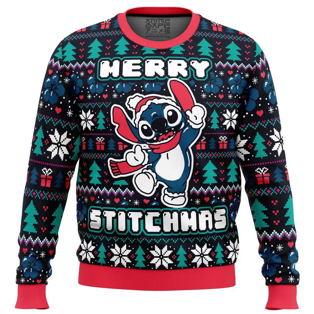 Męska i damska bluza świąteczna Cartoon Anime Stitch, sweter Świętego Mikołaja, nowa moda, jesień, odzież zimowa, topy, Gif