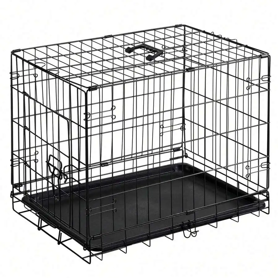 30 Inch Folding Metal Wire Dog Crate, Single Door Pet Kennel With Divider Panel And Leak-Proof Tray For Indoor & Outdoor Use, Bl