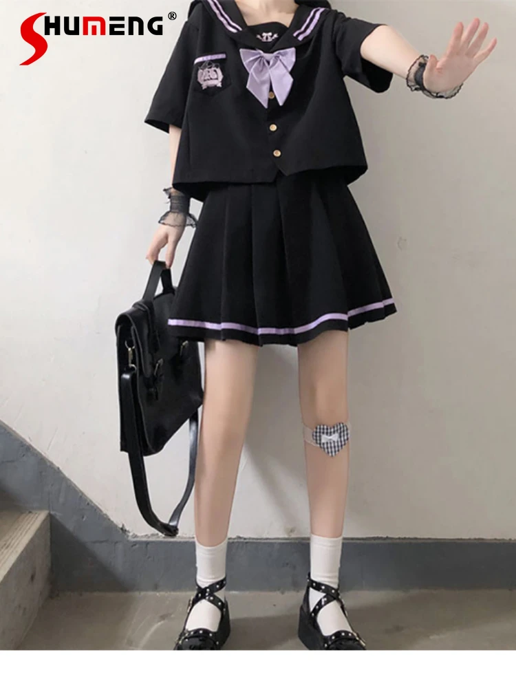 

Oversize Sailor JK Uniform Preppy Style Sailor Collar Bow Short Sleeve Shirt High Waist Pleated Mini Skirt Two-Piece Sets Women