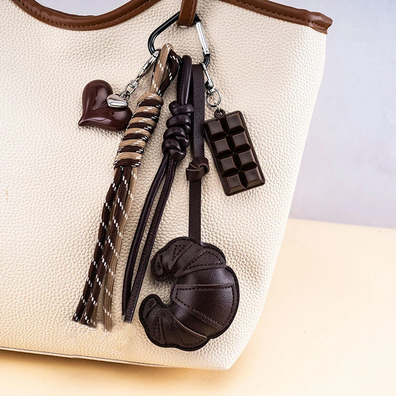 New Braided Rope Croissant Keychain Heart Shape Mobile Phone Chocolate Bag Pendant  Charms Ornaments Gifts