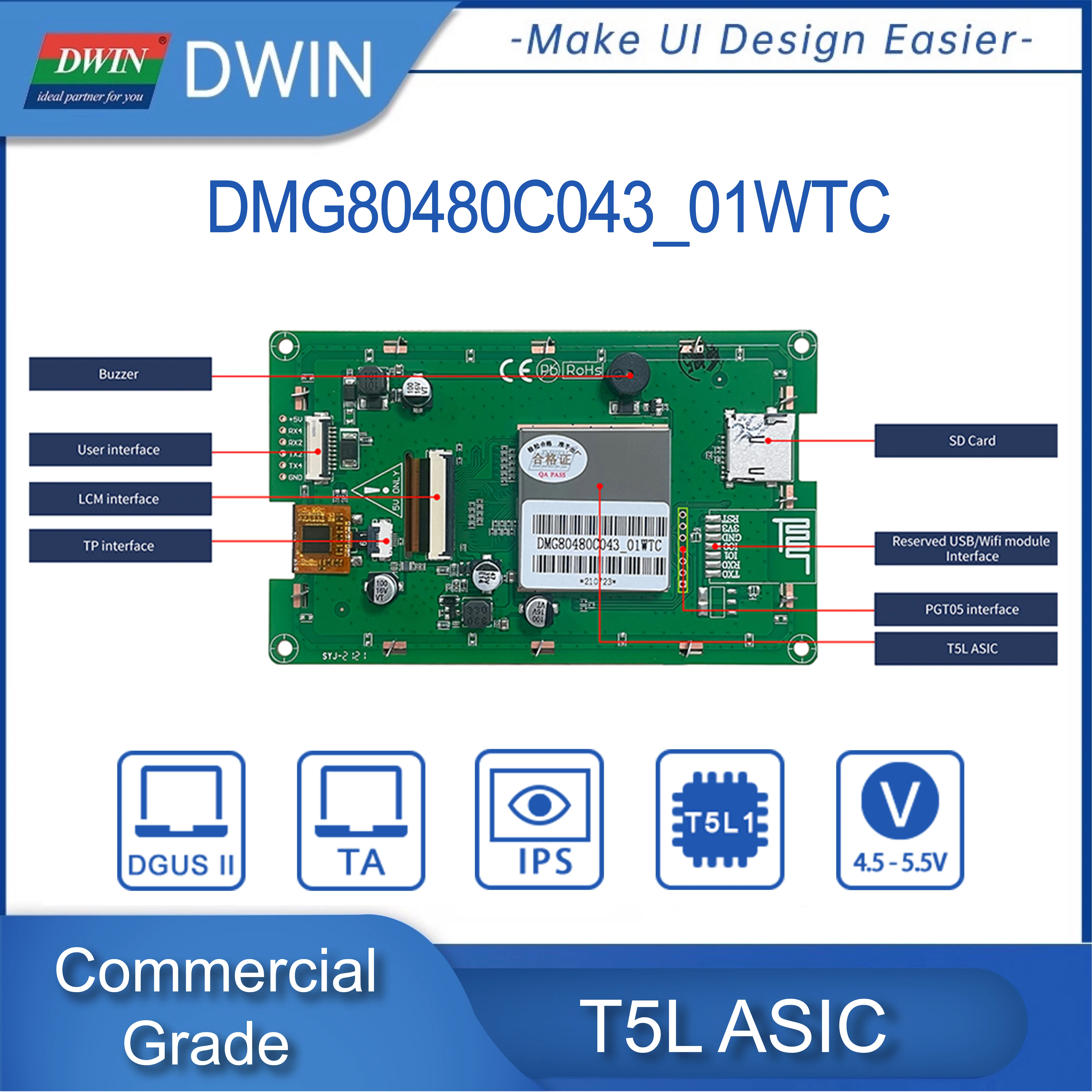 DWIN 4.3 Inch TFT LCD Module 800*480 Pixel Commercial Touch Screen TTL Smart Didplays HMI DMG80480C043_01W/02W