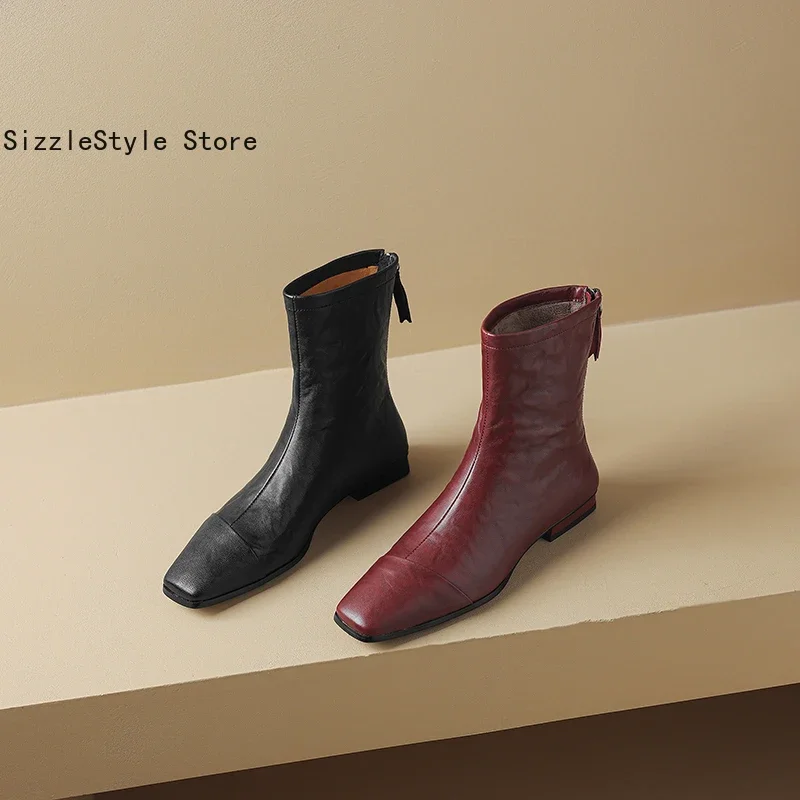 Fashionable Textured Sheepskin Square Toe Stitching Solid Color Rear Zipper Comfortable Thick Heel Women's Short Boots