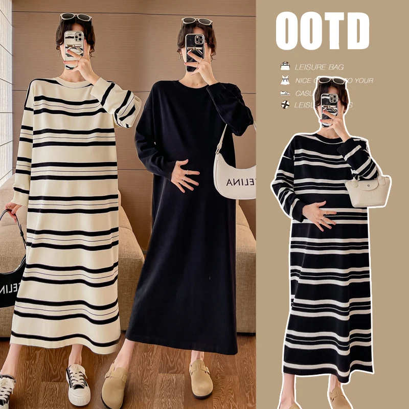 

1056# 2024 Autumn Winter Strip Knitted Maternity Long Dress Oversize Loose Straight Clothes For Pregnant Women Casual Pregnancy