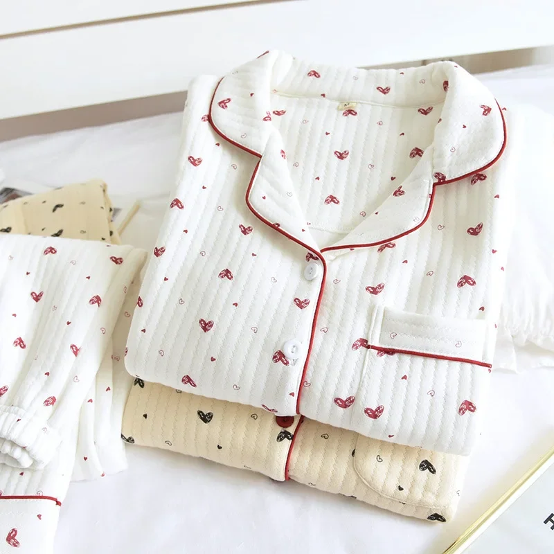 Setelan piyama sweetheart Wanita, baju & celana motif katun, 2 potong, pakaian tidur, pakaian rumah, musim gugur, set tidur kasual