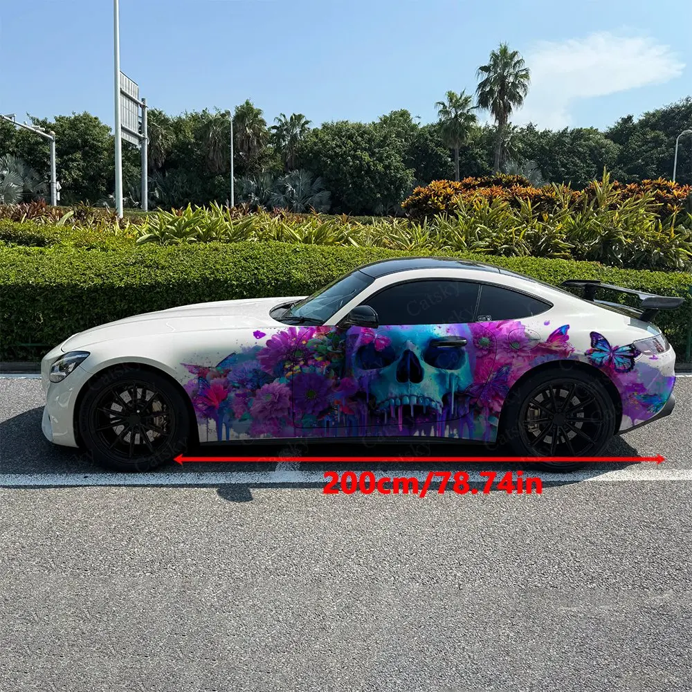 2pcs Dripping Skull With Blooms Car Side Wraps, Self-Adhesive PVC Waterproof & Scratch-Resistant Stickers, Car Accessory Gift