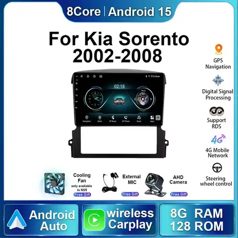 기아 쏘렌토 2002 2003 2004 2005 2006 2007 2008용 8코어 안드로이드15 카 멀티미디어, 카 스테레오 플레이어 내비게이션 자동차 GPS 카플레이