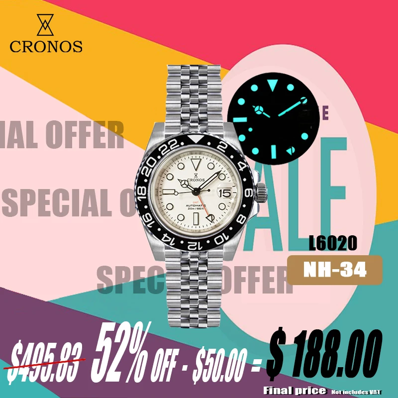 Cronos GMT Automatic Man Watch Bidirectional Bezel Sapphire 20 ATM NH34 Solid 5 links Metal Bracelet BGW-9 Lum lateast Version