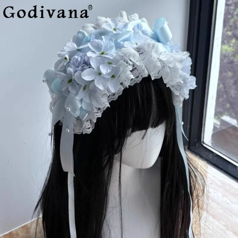 

Original Blue Lolita Headwear Female Japanese Style Sweet Cute Hairband with Lace Women's Princess Wedding Hair Accessories