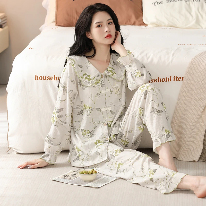 Satu Set piyama katun wanita motif elegan, setelan piyama wanita motif modis, pakaian tidur panjang semua musim