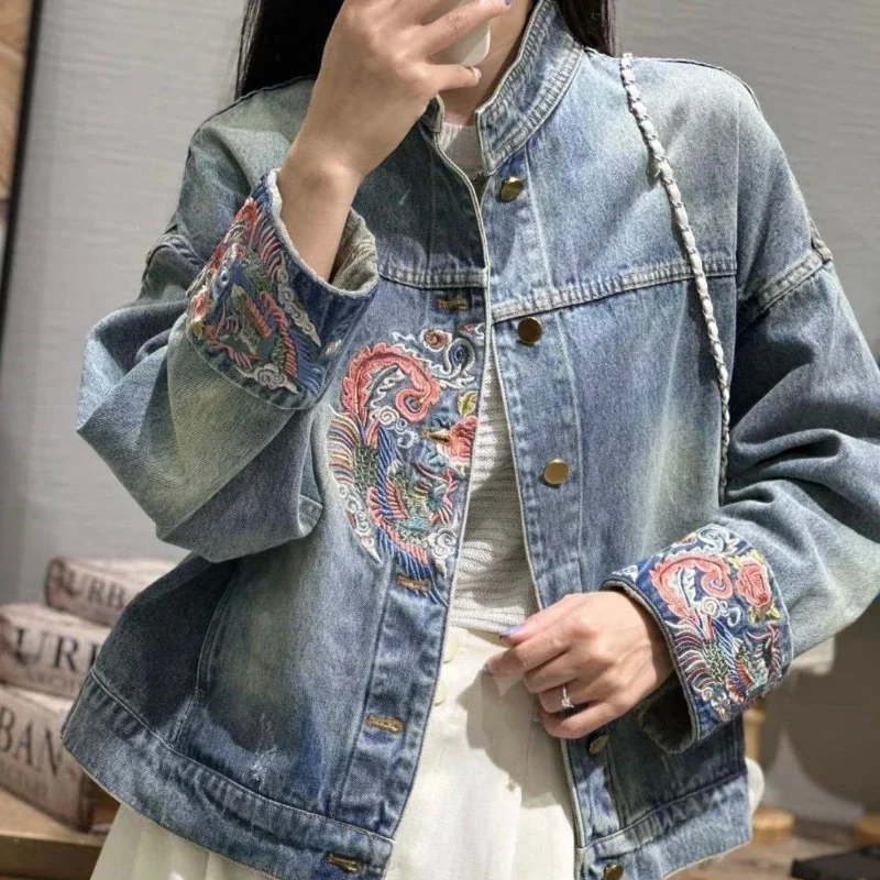 Embroidered Graphic Woman Jean Coat Spring Autumn Blue Denim Jacket for Women with Print Korean Outer Luxury Original Outerwear